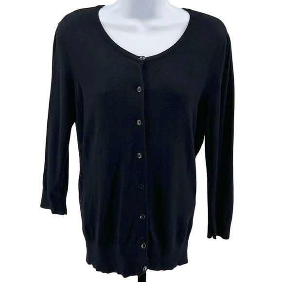 Halogen Knitted Top WMNS M Petite Black 3/4 Sleeve Button-Up Stretch Round Neck - Picture 6 of 7